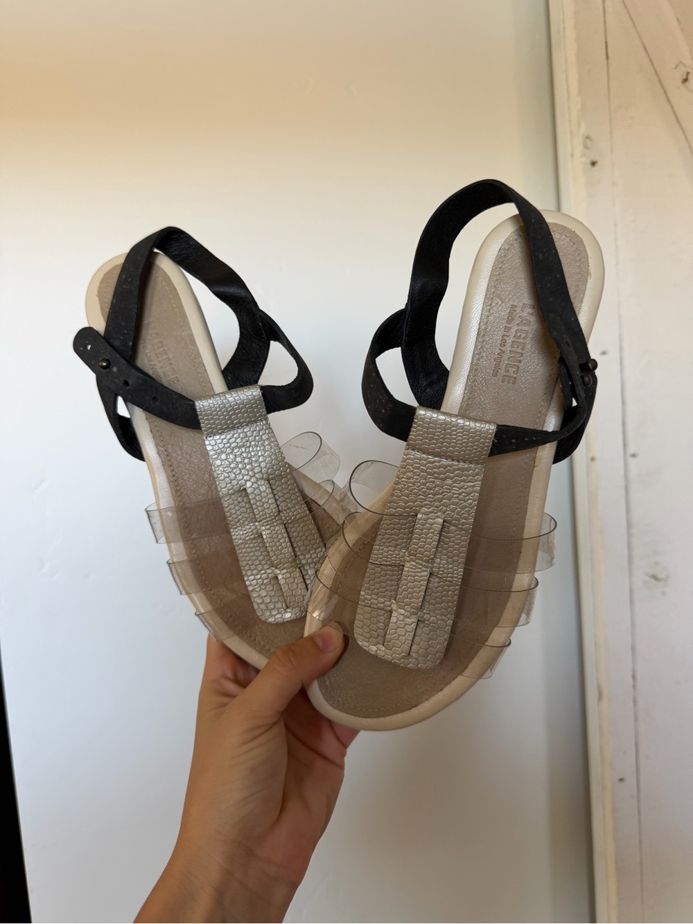 L'AGENCE Black and Silver Clear-Strap Slingback Sandals